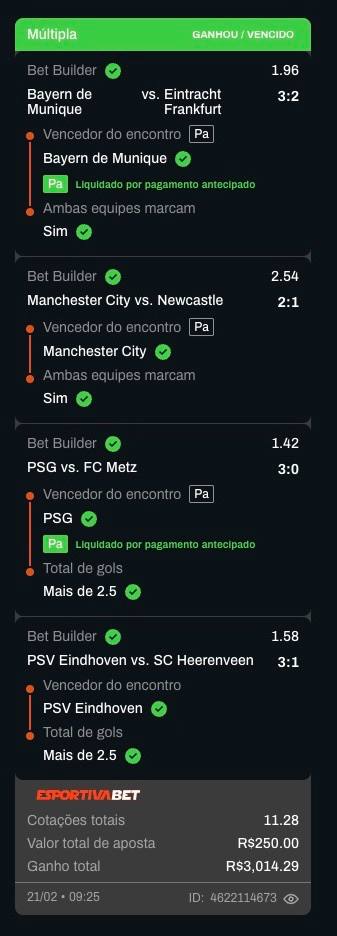 Bilhete Multipla - Bayern, City, PSG, PSV - R$250 para R$3.014