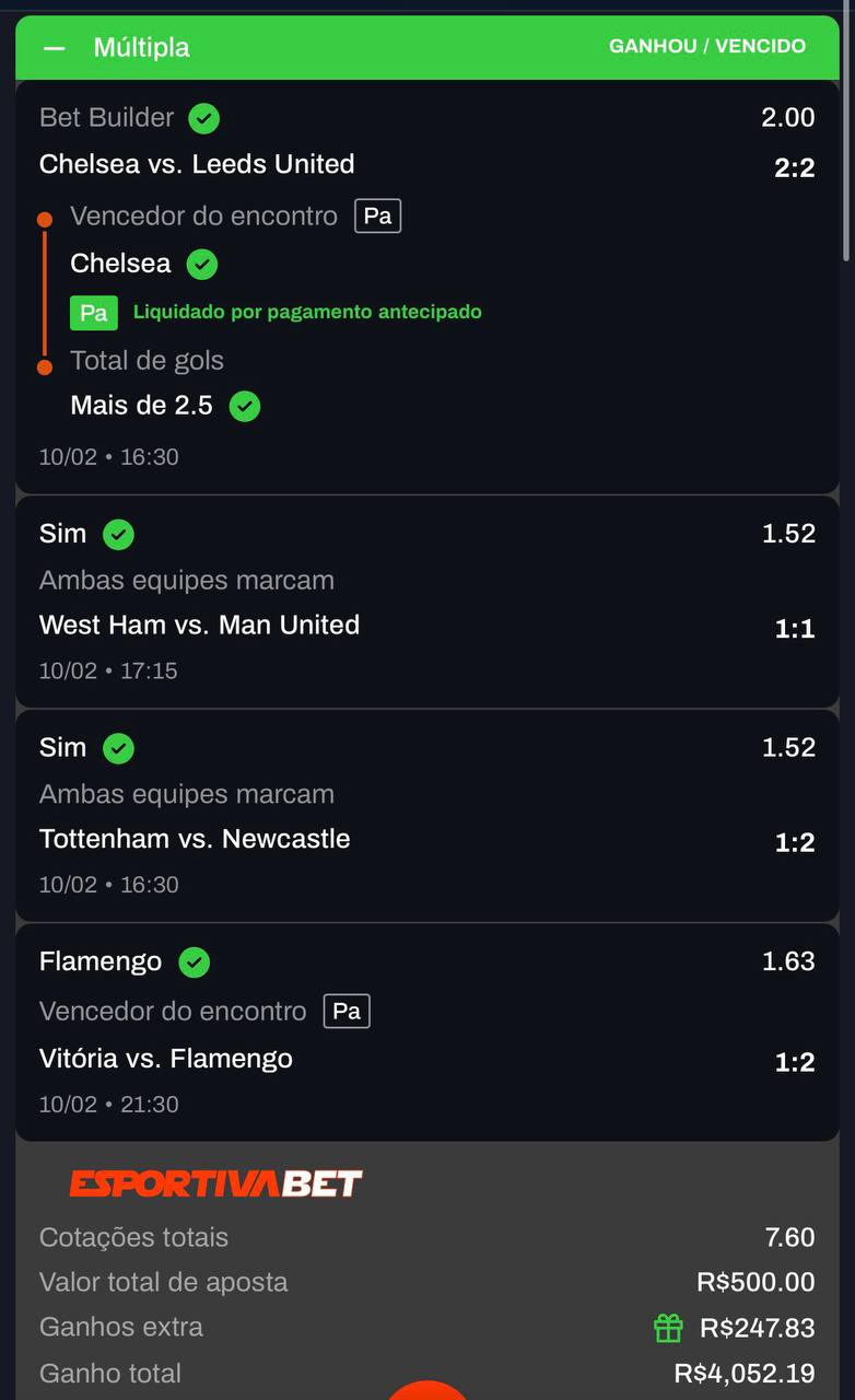 Bilhete Multipla - Chelsea, West Ham, Tottenham, Flamengo - R$500 para R$4.052